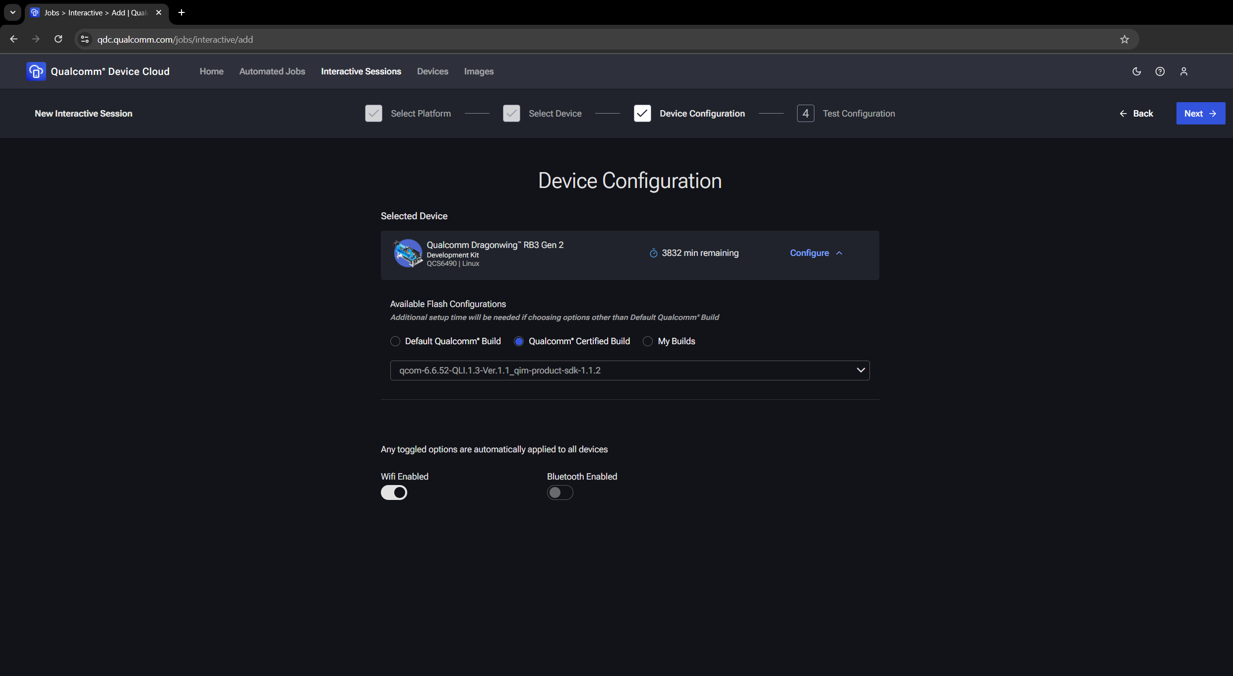 Device configuration page in QDC