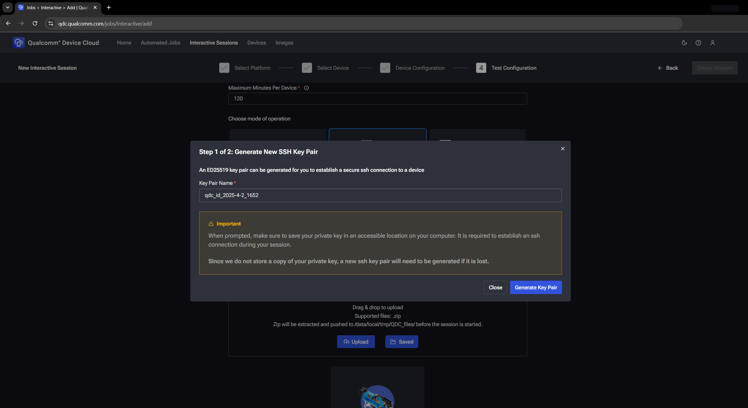 Generate new SSH key pair in QDC