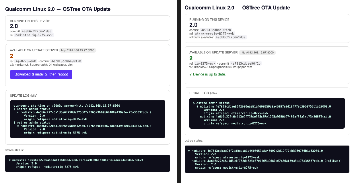 OTA web UI before and after the update