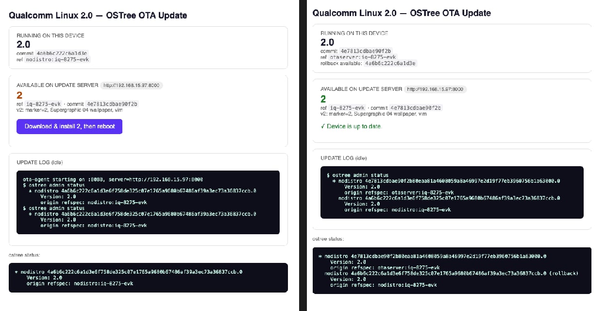 OTA web UI before and after the update