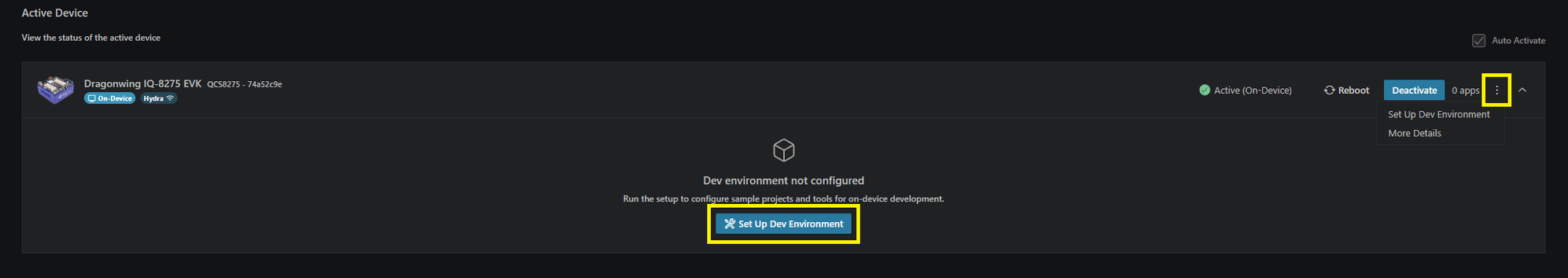 Device card showing Dev environment not configured state