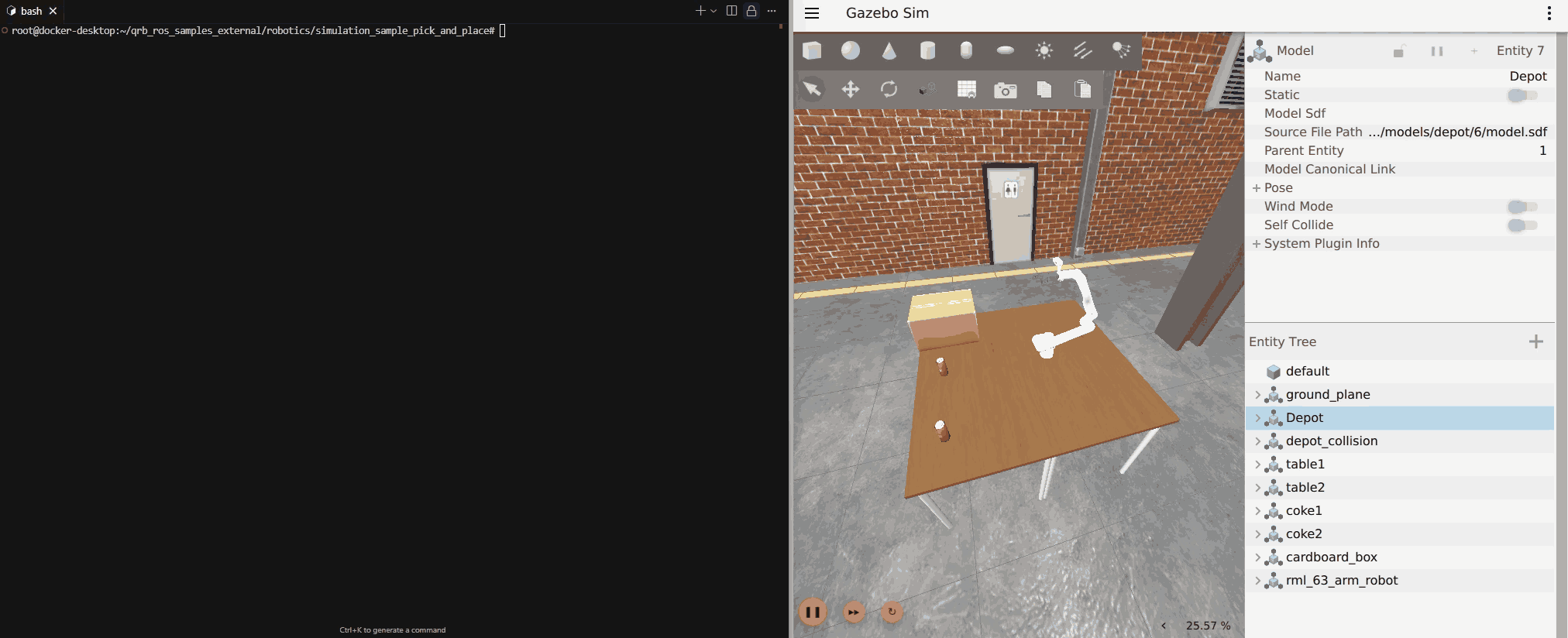 Gazebo simulation of a robotic arm with a gripper picking an object from a table in a warehouse world, with controller logs.