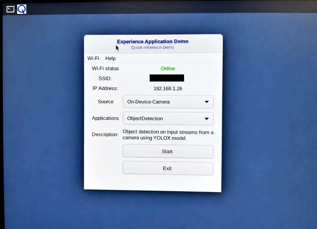 Qdemo startup screen on the monitor