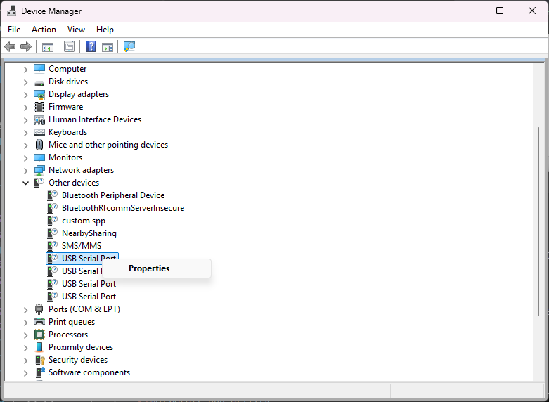 右键点击 USB Serial Port 打开属性