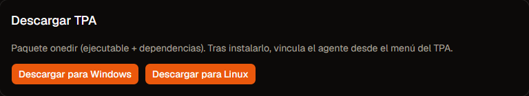 Sección Descargar TPA con botones Windows y Linux