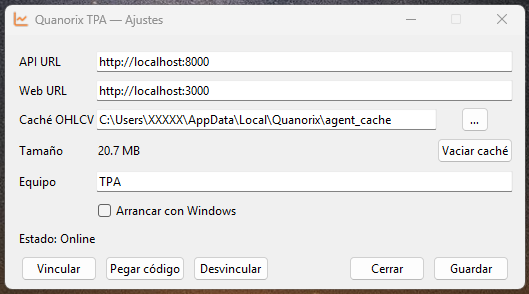 Quanorix TPA — Ajustes con Estado Online y botones Vincular