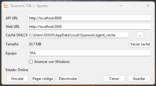 Quanorix TPA — Ajustes con Estado Online y botones Vincular