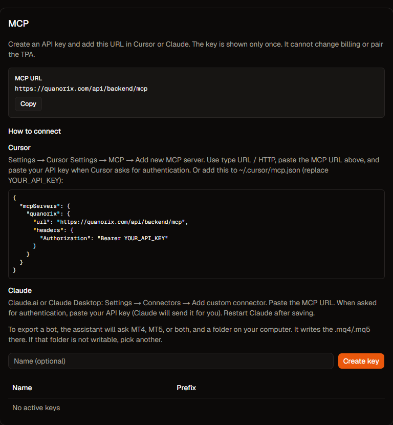 Profile MCP tab: URL, Cursor/Claude guide, and create key
