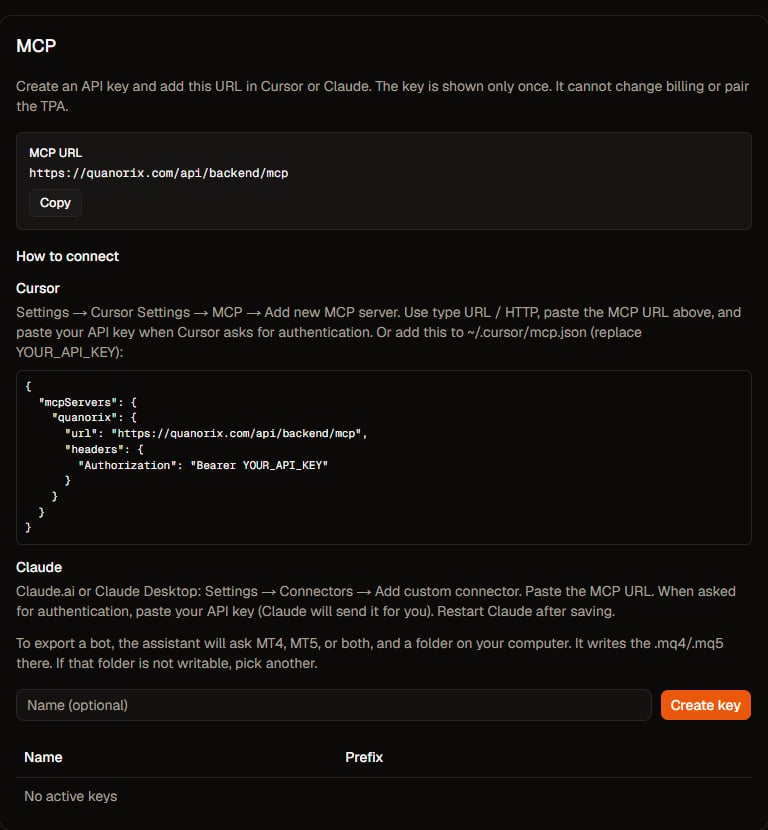 Profile MCP tab: URL, Cursor/Claude guide, and create key