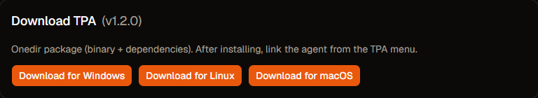 Download TPA section with version and Windows, Linux, and macOS buttons
