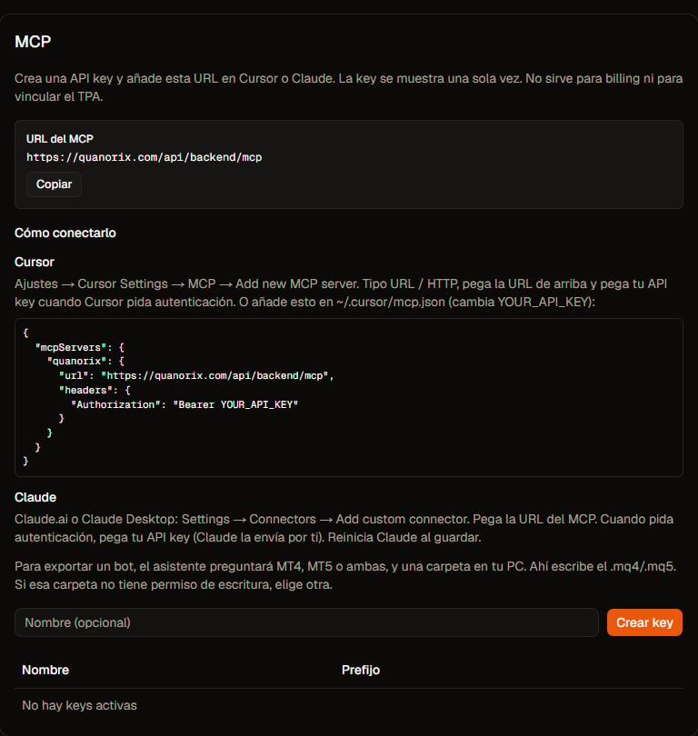 Pestaña MCP en Perfil: URL, guía Cursor/Claude y crear key