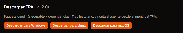 Sección Descargar TPA con versión y botones Windows, Linux y macOS