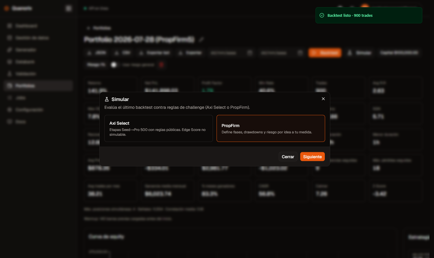 Simulate modal: choose Axi Select or PropFirm