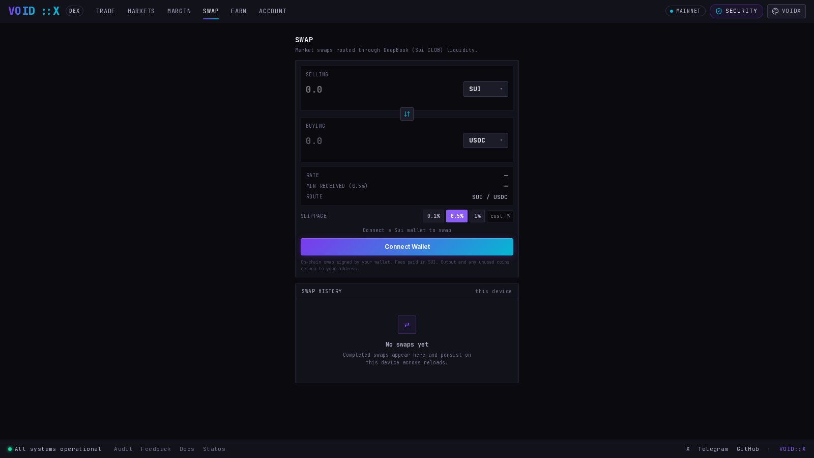 VOIDX DEX swap page showing the centered swap card with pair selection, amount, and slippage controls.