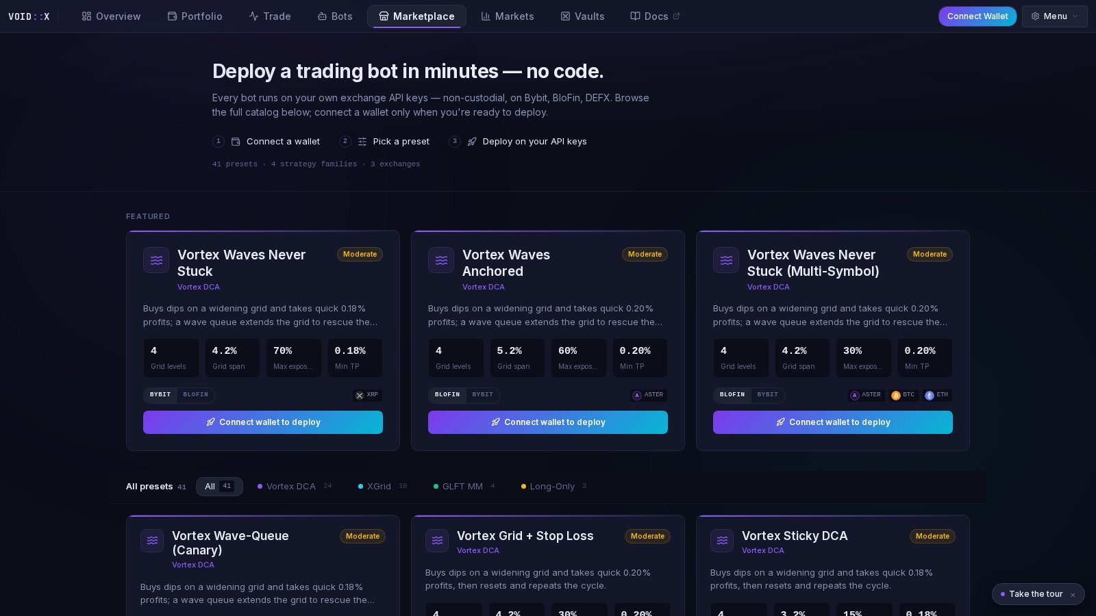 The Marketplace tab showing the hero, featured presets and the full preset card grid.