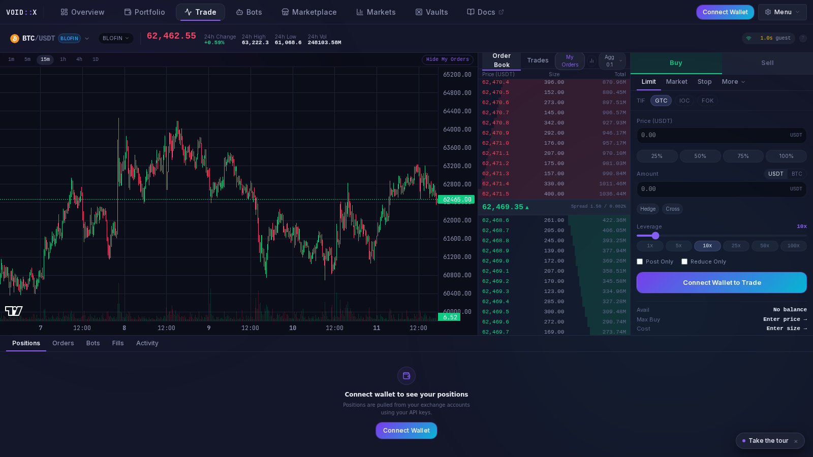 The Trade tab with live chart, order book, order ticket and bottom drawer.