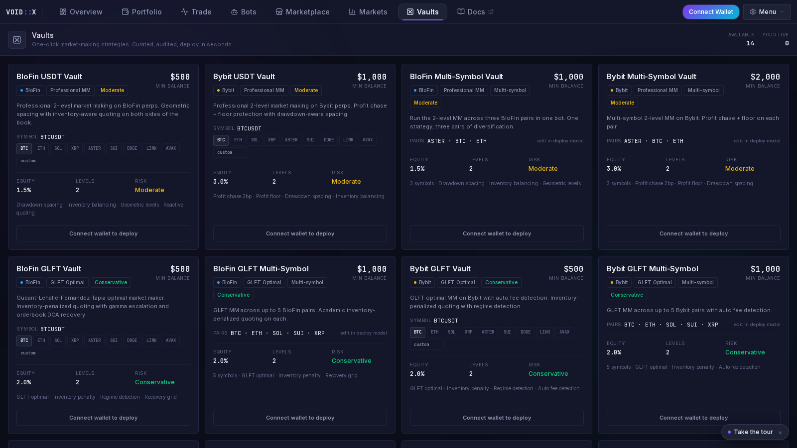 The Vaults tab showing curated strategy vault cards with min balance, risk tier and deploy buttons.
