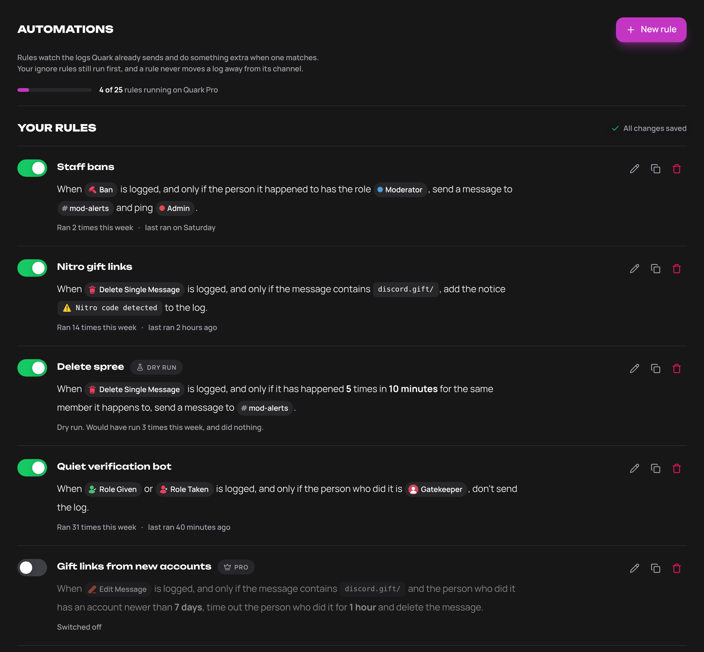 The Automations page, listing five rules. Each rule is one sentence with a switch, and shows how often it ran this week