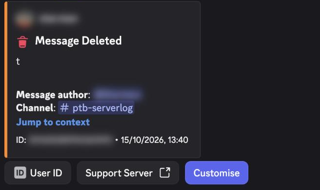 A Message Deleted log showing the message content, the author and the channel