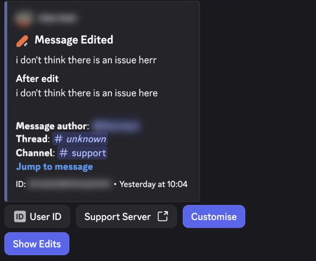 A Message Edited log showing the message before and after the edit