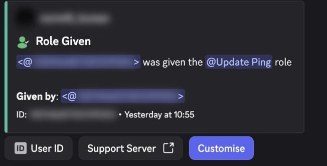 A Role Given log showing the role and the moderator who gave it