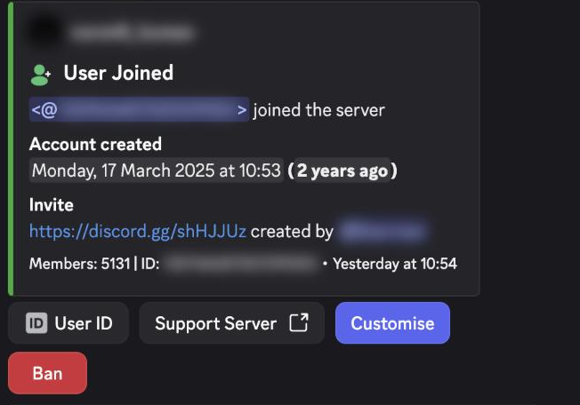 A User Joined log showing the account creation date, the invite used and the member count