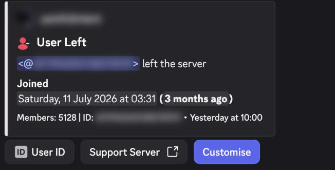 A User Left log showing when the member joined the server