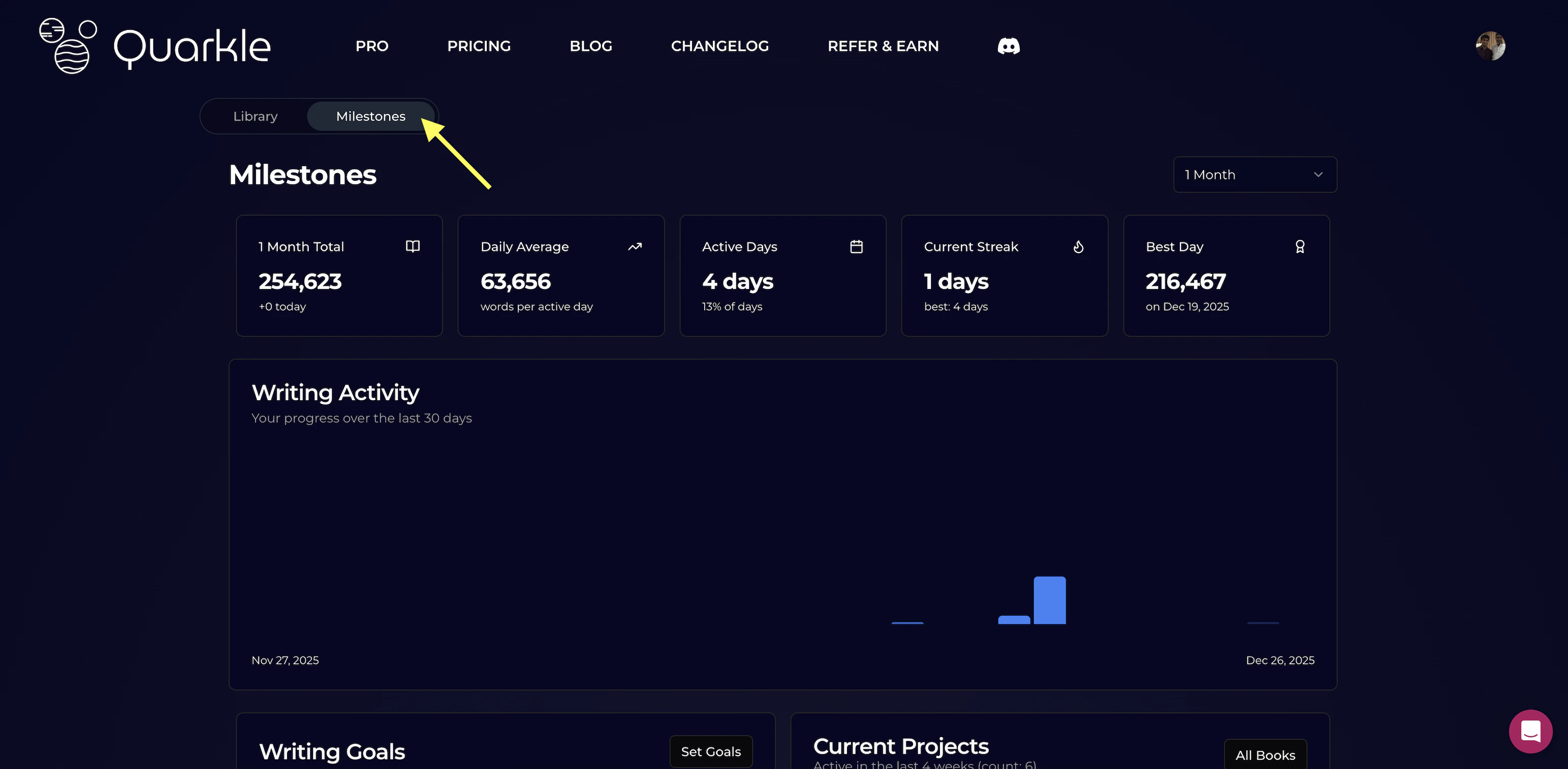 Quarkle Studio / Milestones tab