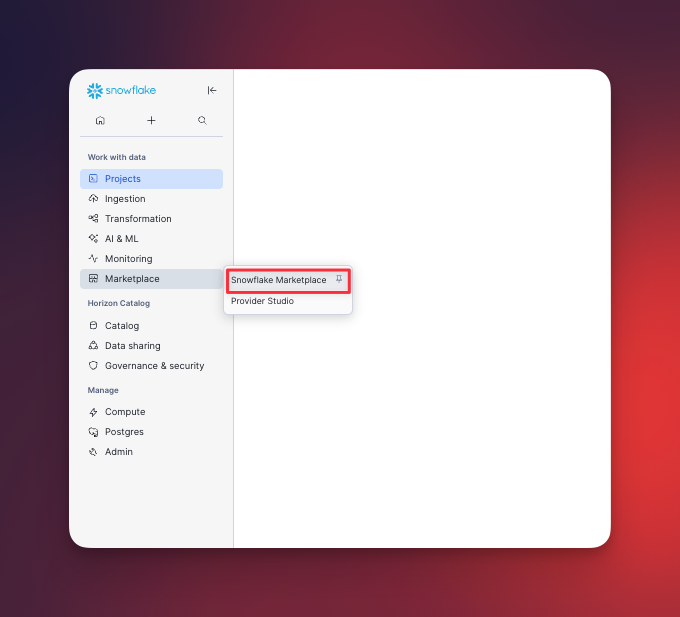 Navigate to Snowflake Marketplace in the sidebar