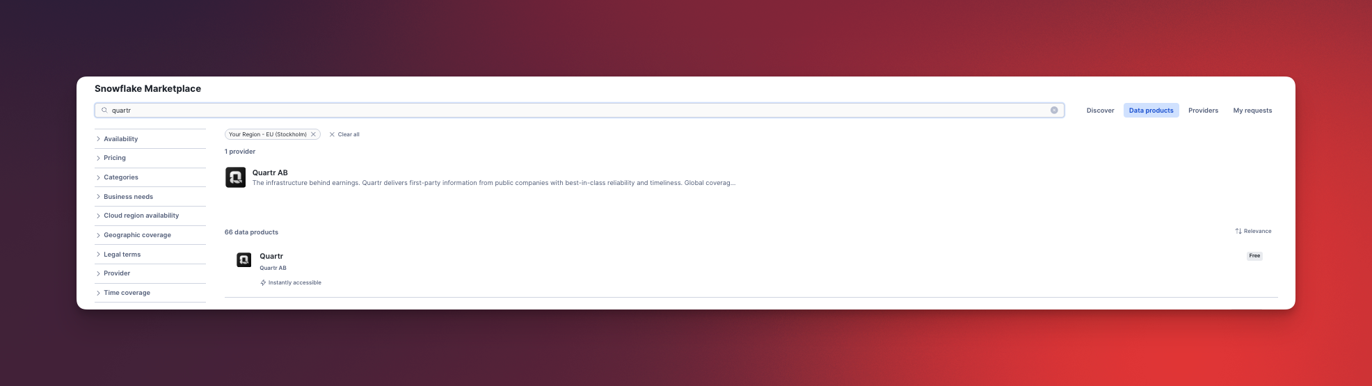 Search results showing the Quartr listing by Quartr AB