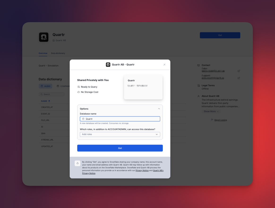 Options expanded showing database name and role access fields