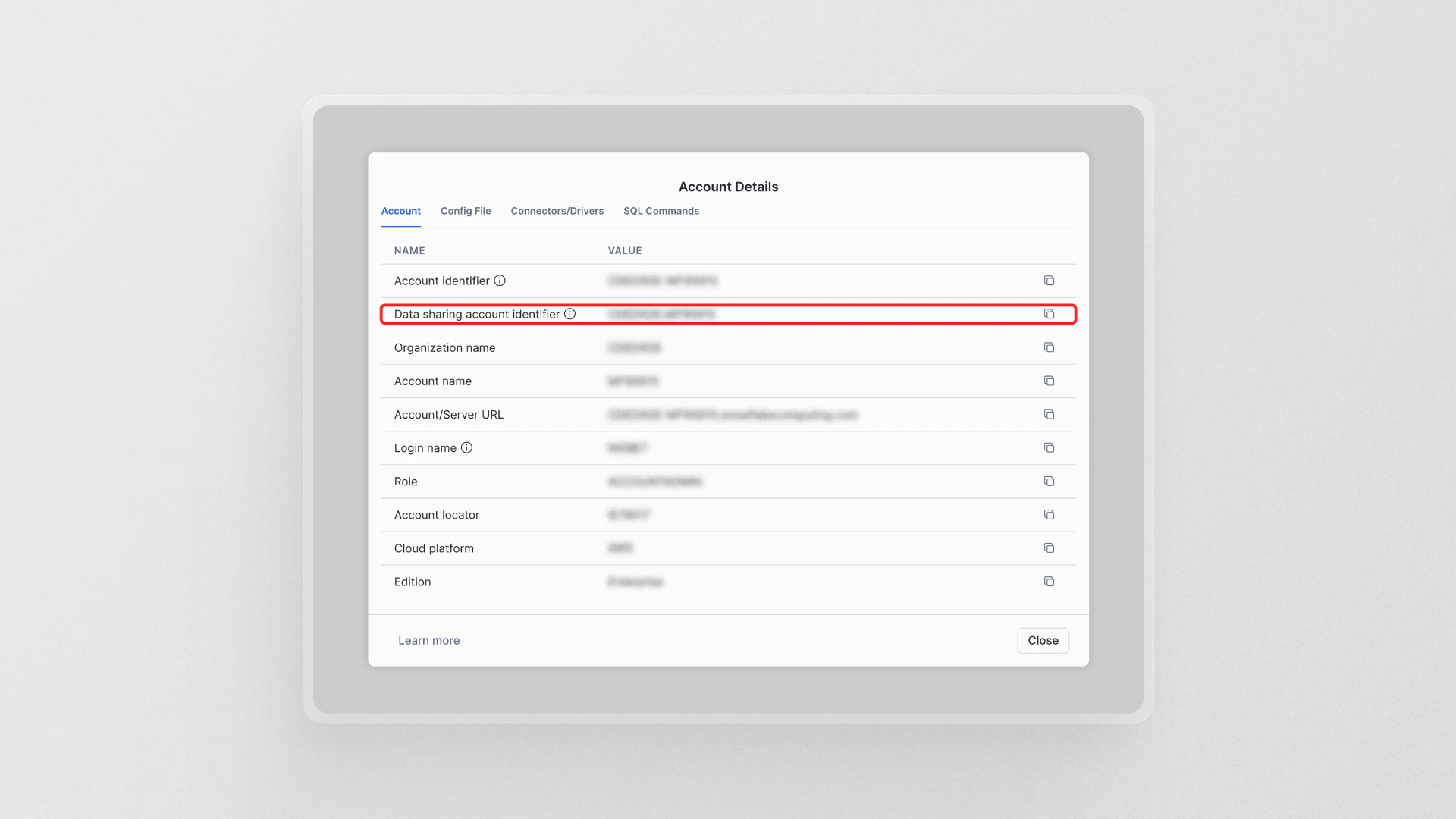Account Details dialog with Data sharing account identifier highlighted