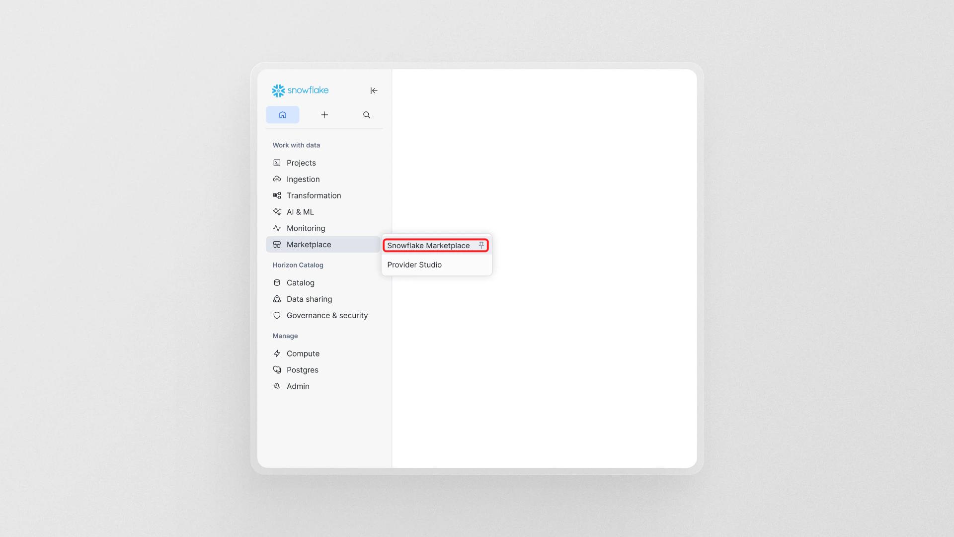 Navigate to Snowflake Marketplace in the sidebar