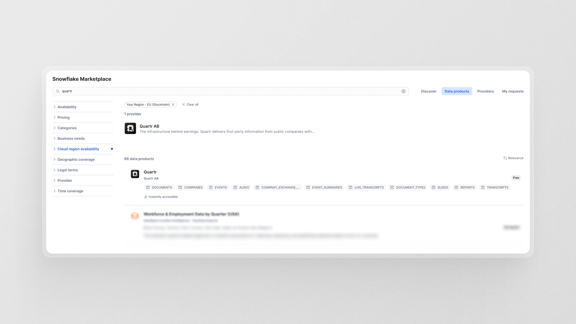 Search results showing the Quartr listing by Quartr AB