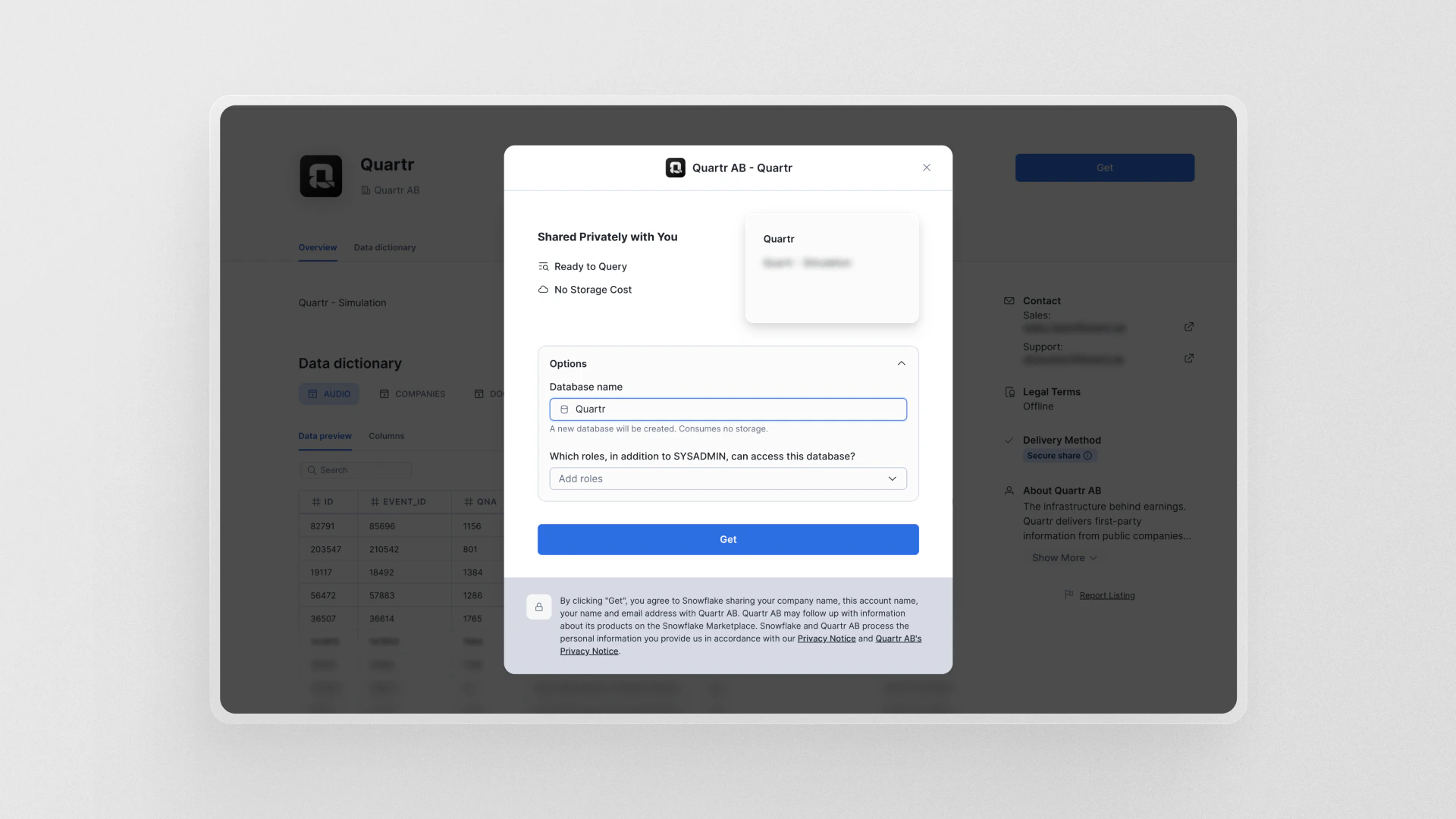 Options expanded showing database name and role access fields