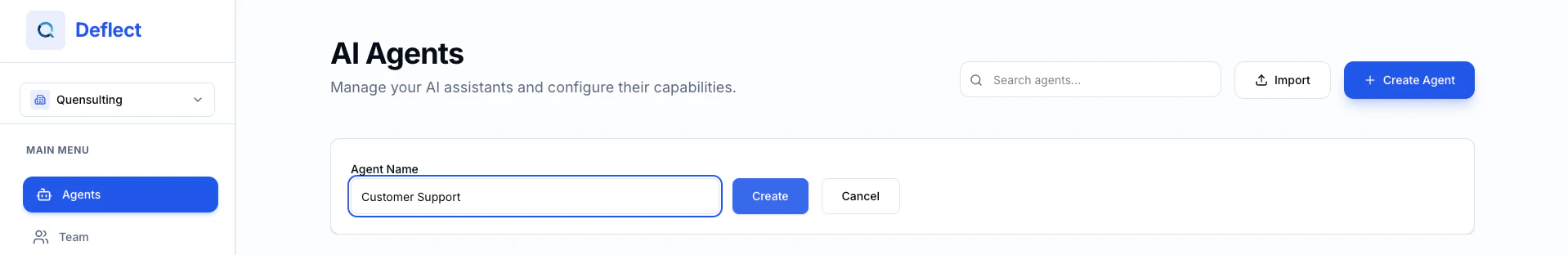 Create Agent dialog showing the name field and create button