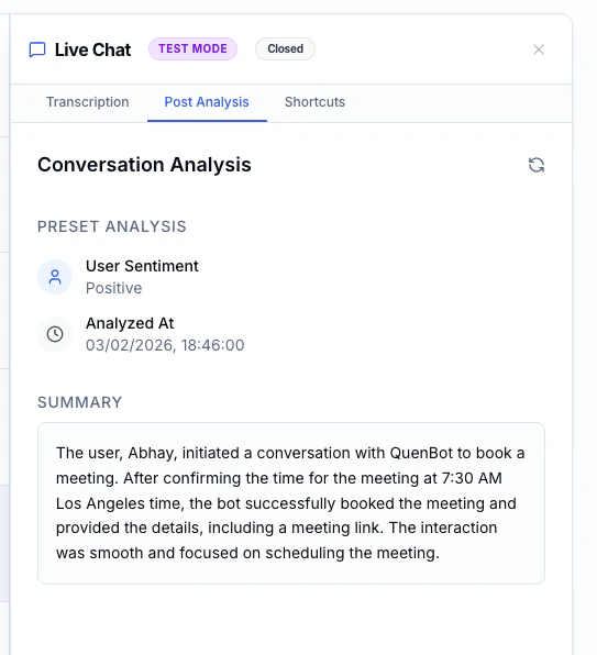Post-chat analysis tab showing conversation summary, sentiment, and extracted data