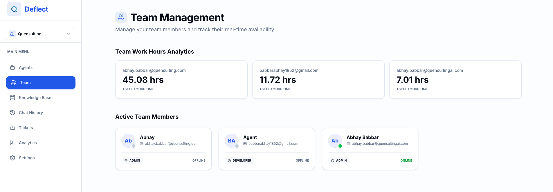 Team management page showing team members with online status and work hours