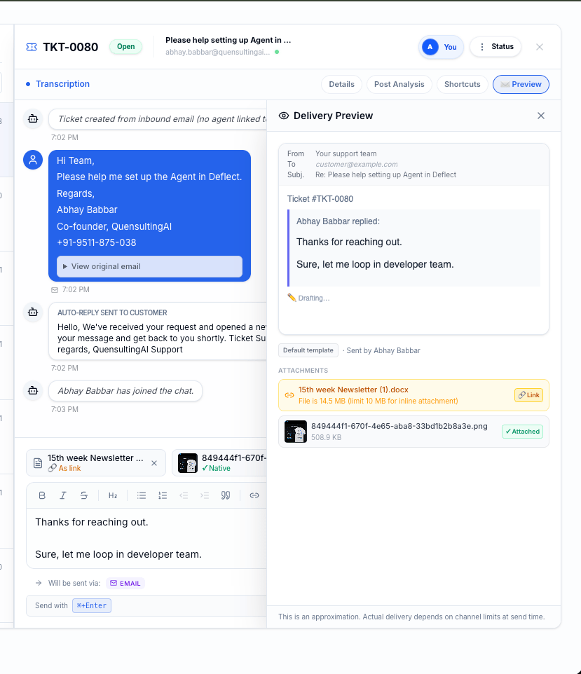 Customer-facing view of an agent-sent file in chat or email