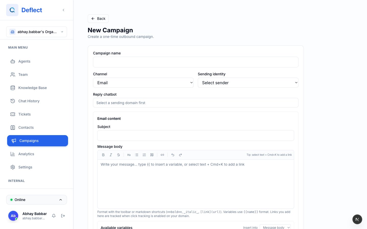 New campaign page with email content and audience selection