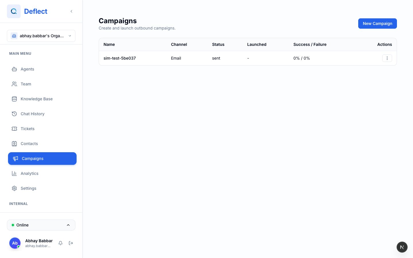 Campaigns page showing campaign status and send progress