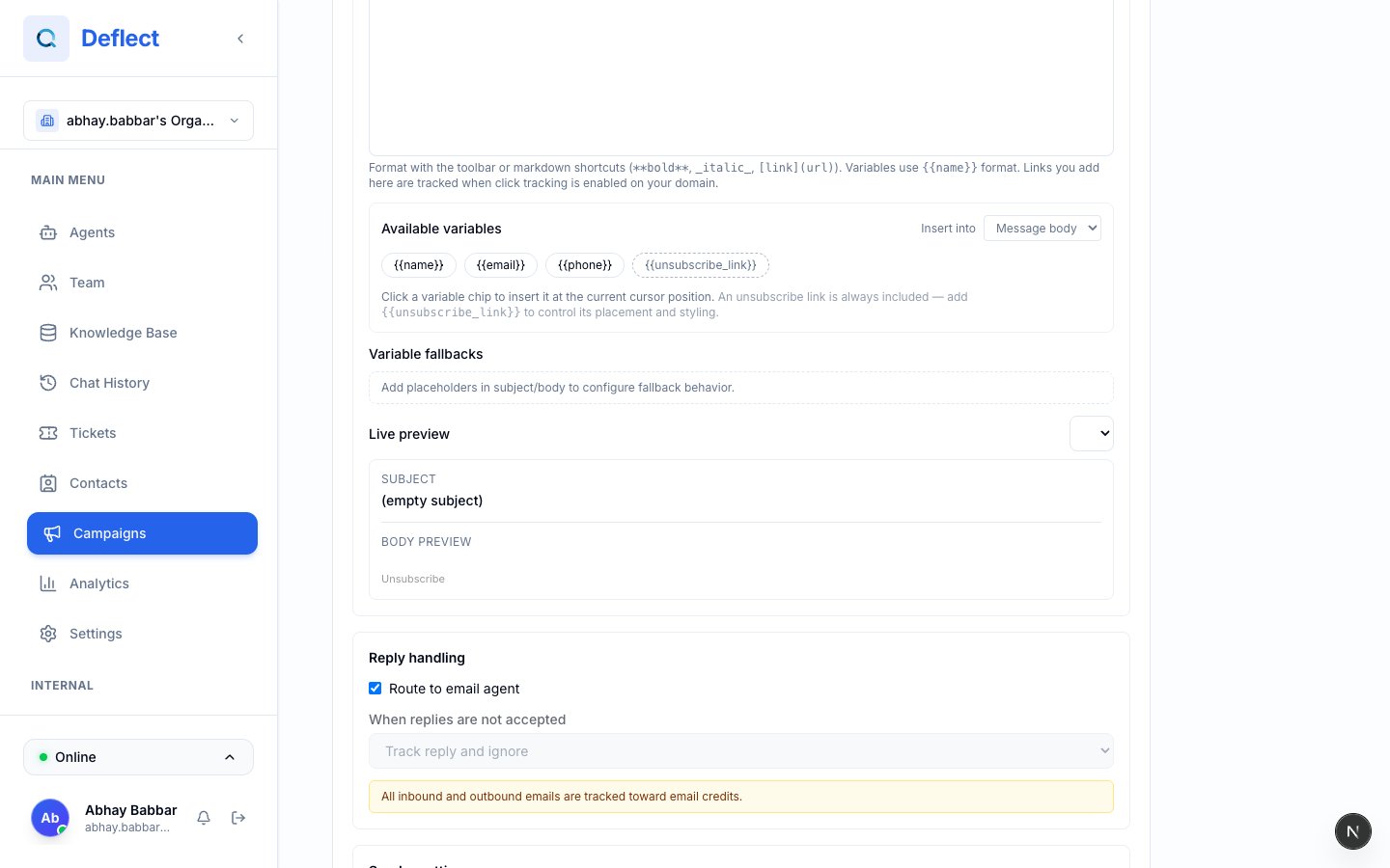 Campaign live preview with resolved variables