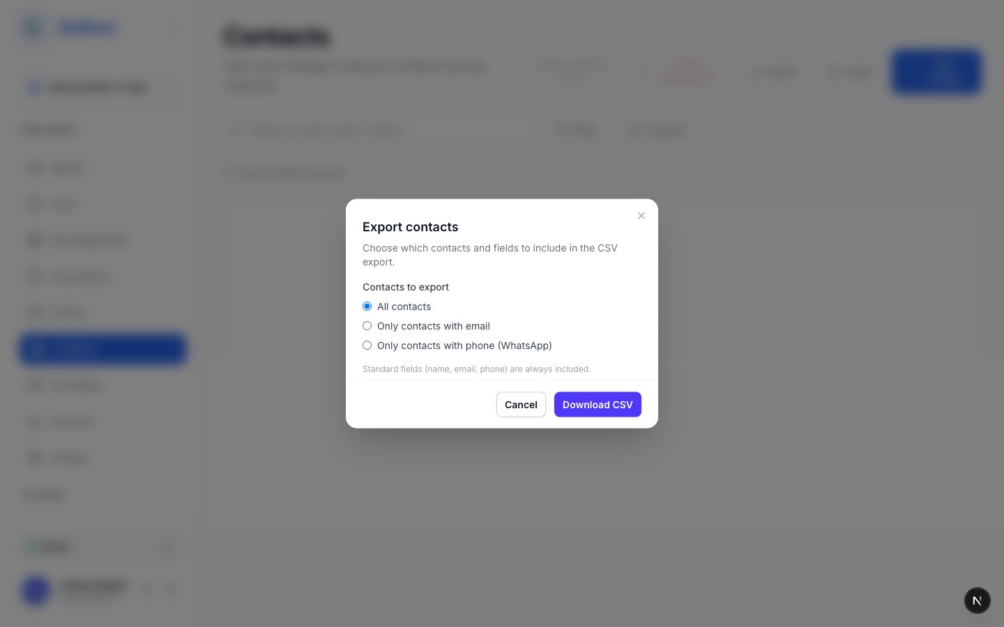 Contact export dialog with field and filter options