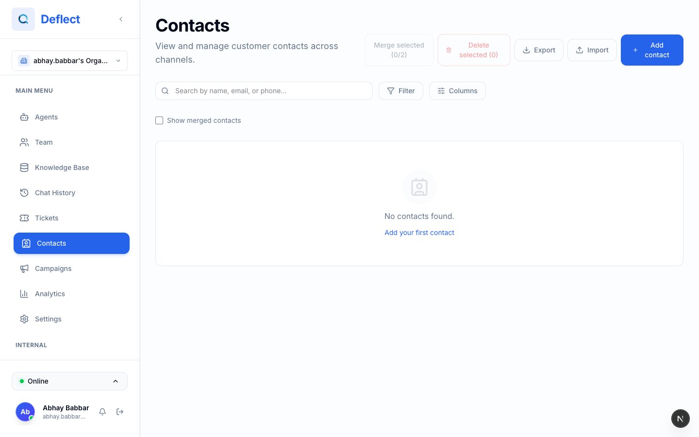 Contacts page with searchable table and bulk actions