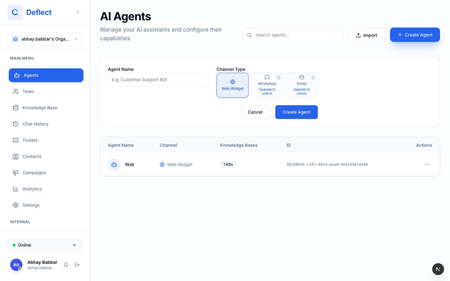 Create agent dialog with channel type selection