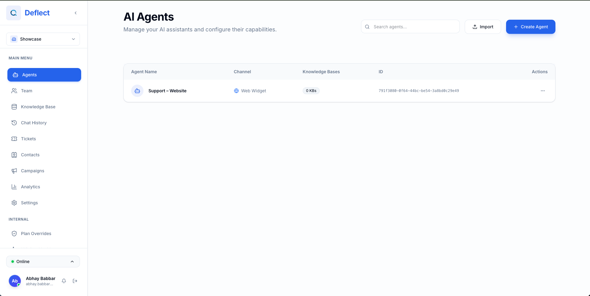 Deflect dashboard showing the agents list and create agent entry point