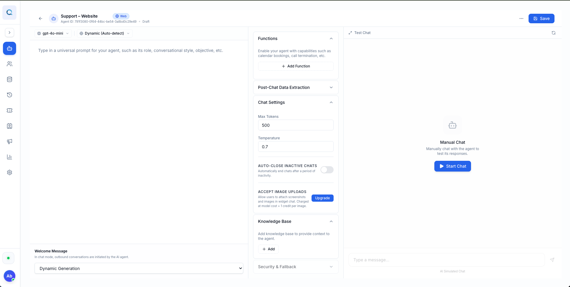Deflect agent editor showing persona and configuration options