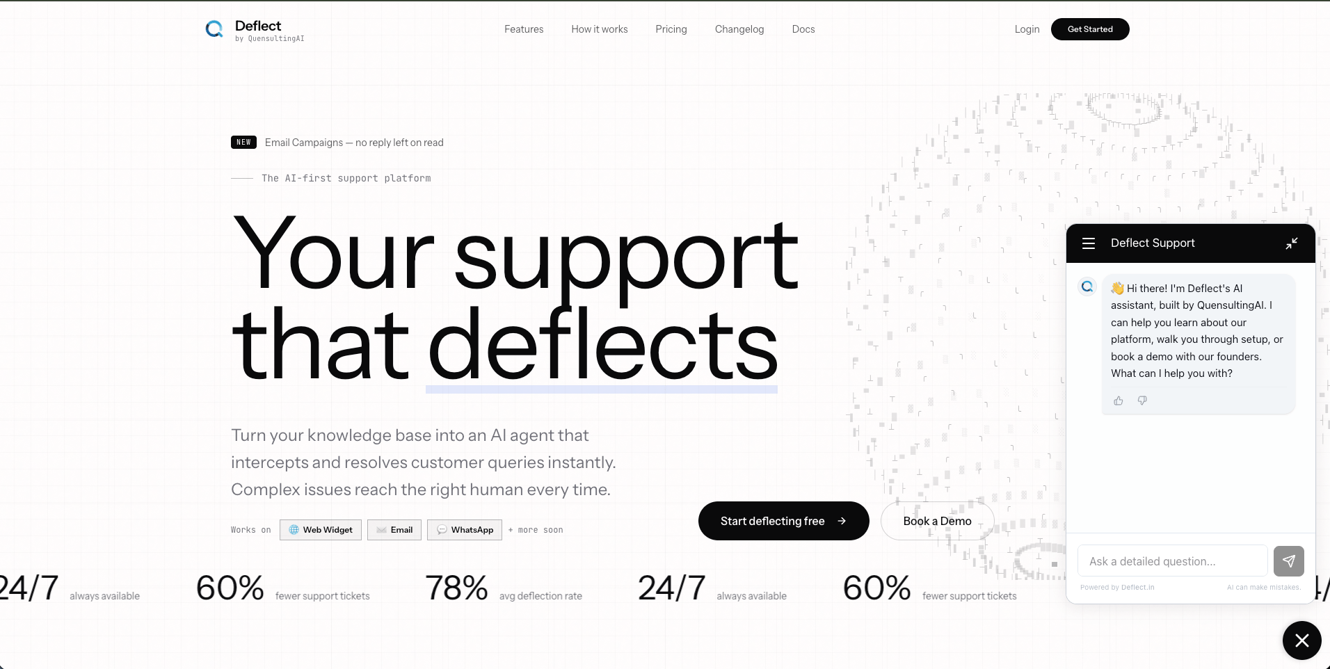 Example website with the Deflect chat widget open