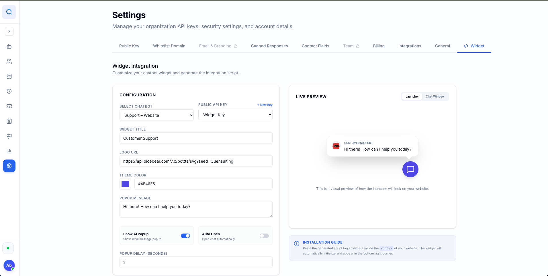 Deflect widget settings page with API key and embed snippet