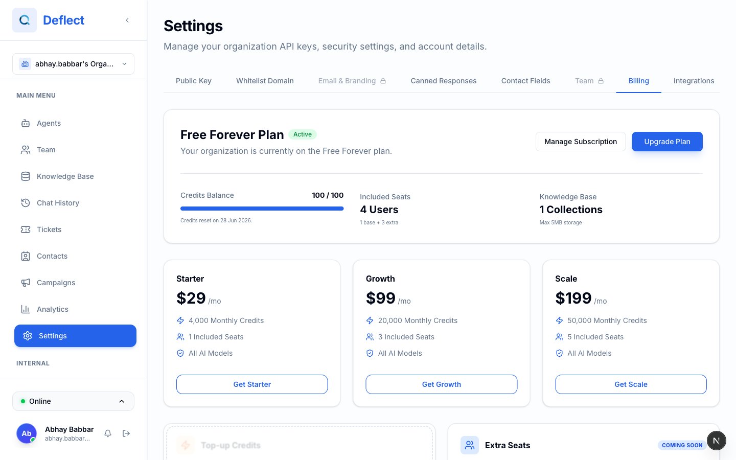 Deflect billing tab showing plan, credits, and usage